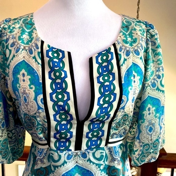 Phoebe Couture Blue & Green Silk Boho Short Sleeves Mini Dress size 8 - Picture 2 of 14